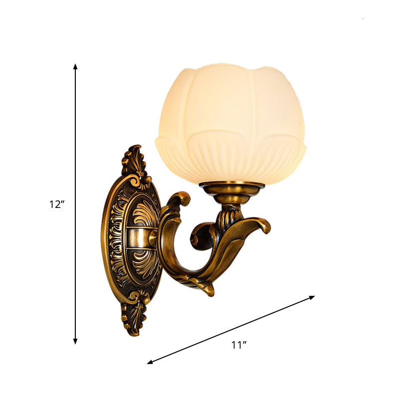 Antiqued Brass Flower Bud Milk Glass Wall Lamp - 1-Head Bedroom Sconce