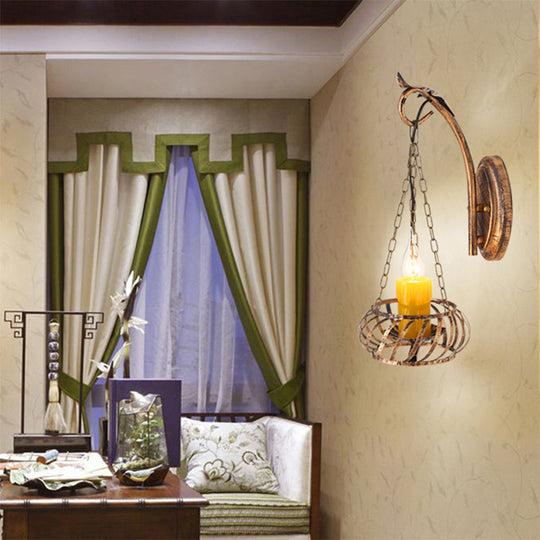 Rustic Wrought Iron Wall Lamp: 1-Light Candle Sconce Lighting For Corridor Bronze Finish