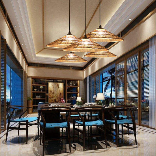 Hand-Woven Rattan Brown Asian Pendant Lamp For Restaurant & Living Room