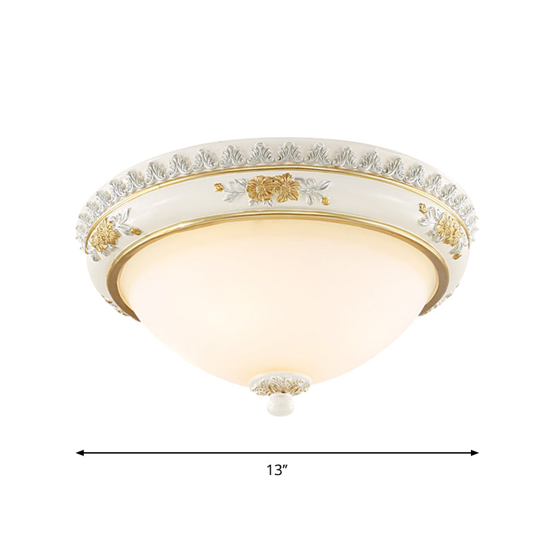 White Traditional Milk Glass Dome Ceiling Flushmount Lighting For Bedroom - 2/3 Heads 13/14.5/18.5