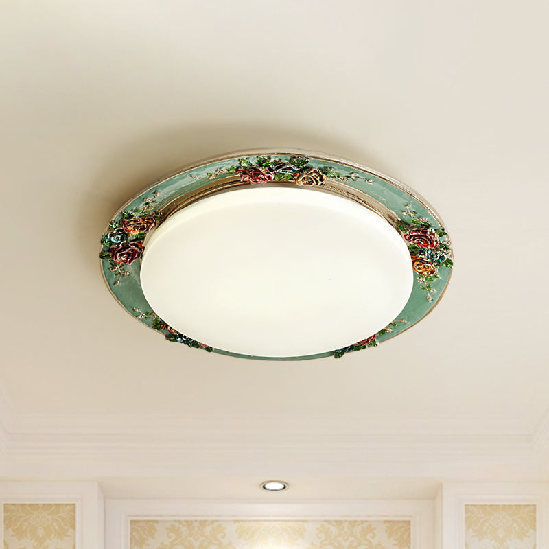 Rose Round Handcrafted Resin LED Ceiling Light for Retro Bedrooms in Beige/Green/Silver Grey