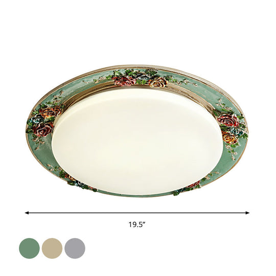 Rose Round Handcrafted Resin LED Ceiling Light for Retro Bedrooms in Beige/Green/Silver Grey