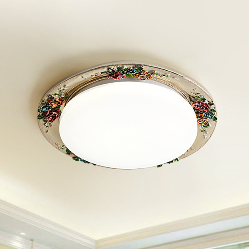 Rose Round Handcrafted Resin LED Ceiling Light for Retro Bedrooms in Beige/Green/Silver Grey