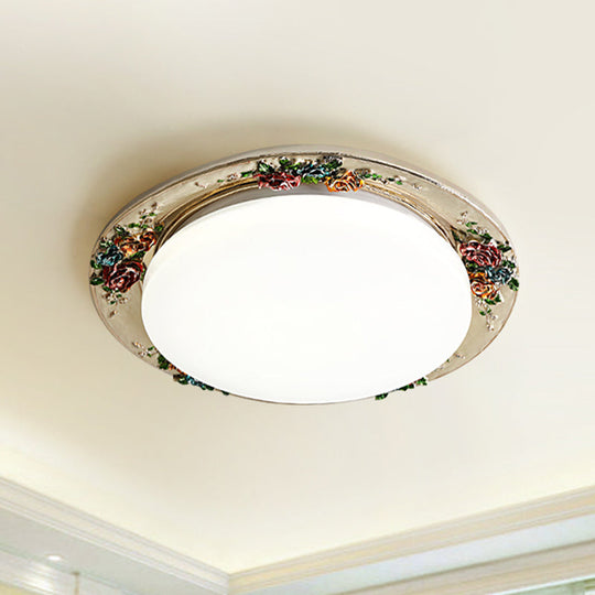 Rose Round Handcrafted Resin LED Ceiling Light for Retro Bedrooms in Beige/Green/Silver Grey