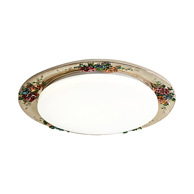 Rose Round Handcrafted Resin LED Ceiling Light for Retro Bedrooms in Beige/Green/Silver Grey