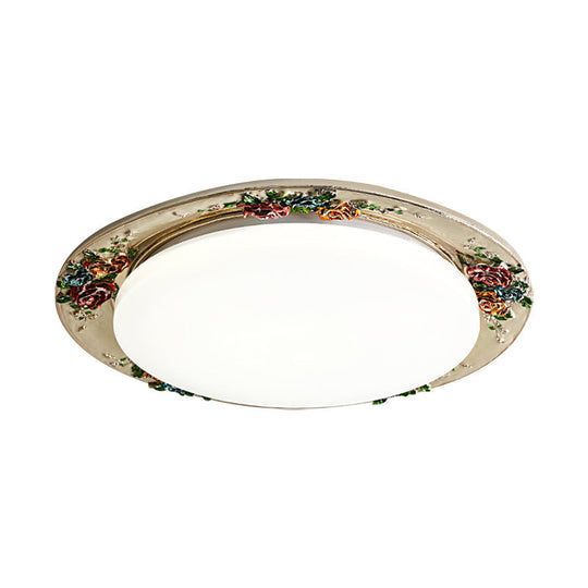 Rose Round Handcrafted Resin LED Ceiling Light for Retro Bedrooms in Beige/Green/Silver Grey