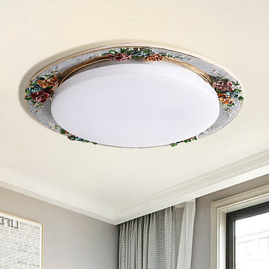 Rose Round Handcrafted Resin LED Ceiling Light for Retro Bedrooms in Beige/Green/Silver Grey