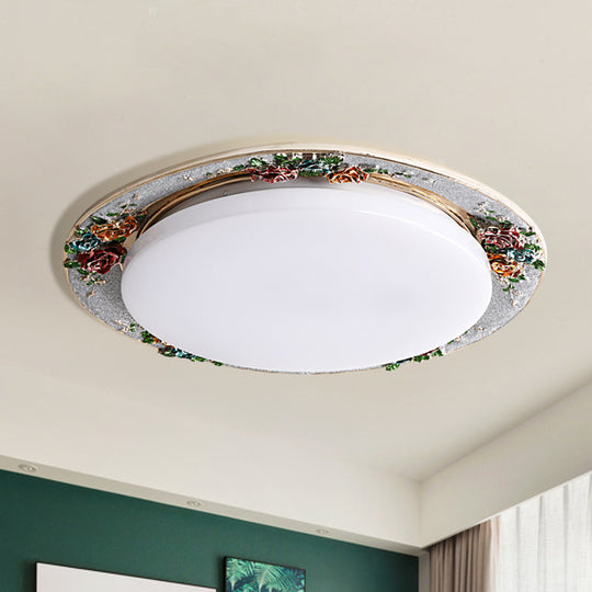 Rose Round Handcrafted Resin LED Ceiling Light for Retro Bedrooms in Beige/Green/Silver Grey