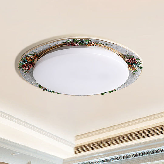 Rose Round Handcrafted Resin LED Ceiling Light for Retro Bedrooms in Beige/Green/Silver Grey