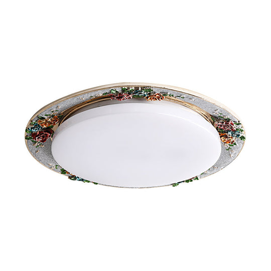 Rose Round Handcrafted Resin Led Ceiling Light For Retro Bedrooms In Beige/Green/Silver Grey