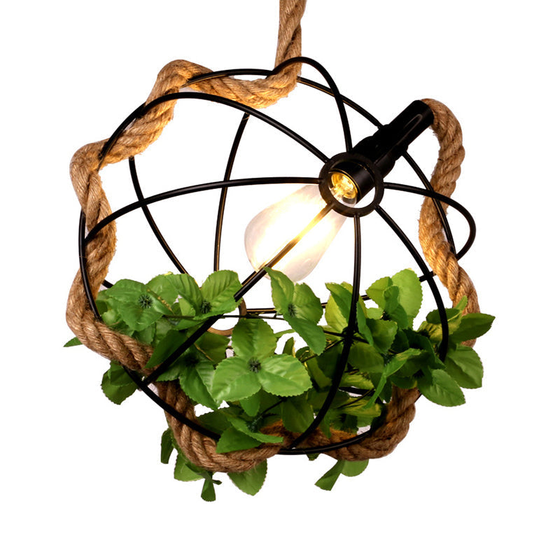 Black Round Metal Pendant Lamp - Lodge Style With Rope And Artificial Leaf