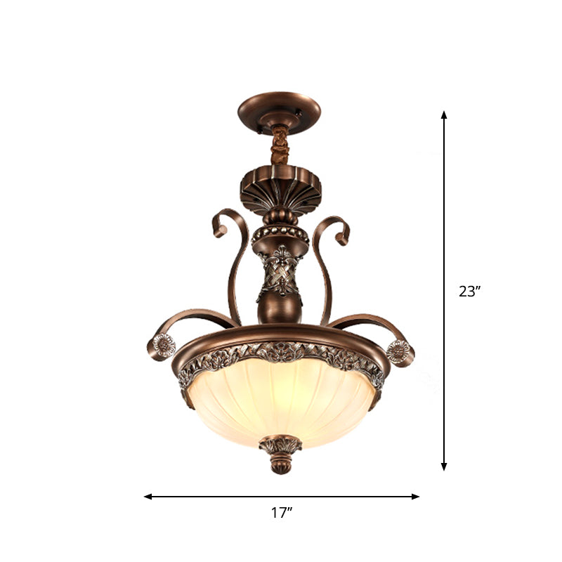 Traditional Bronze Pendant With Ribbed Glass Bowl Shade - 3-Light Down Lighting For Dining Room