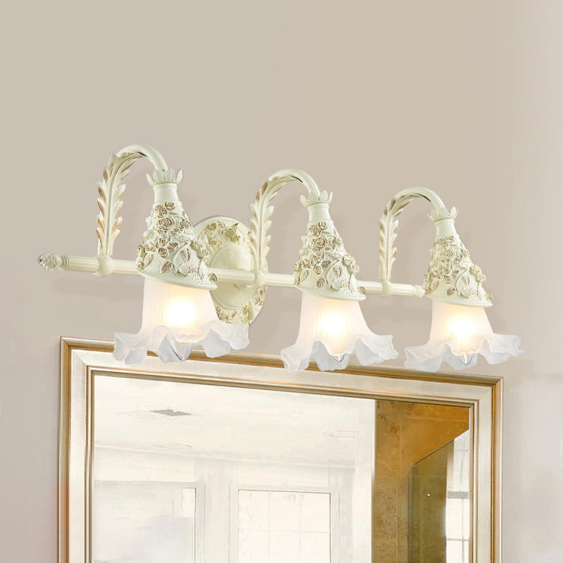 Antique Frosted Glass Wall Sconce: Ruffled Bath Vanity Light Fixture - 1/2/3-Bulb White Mount