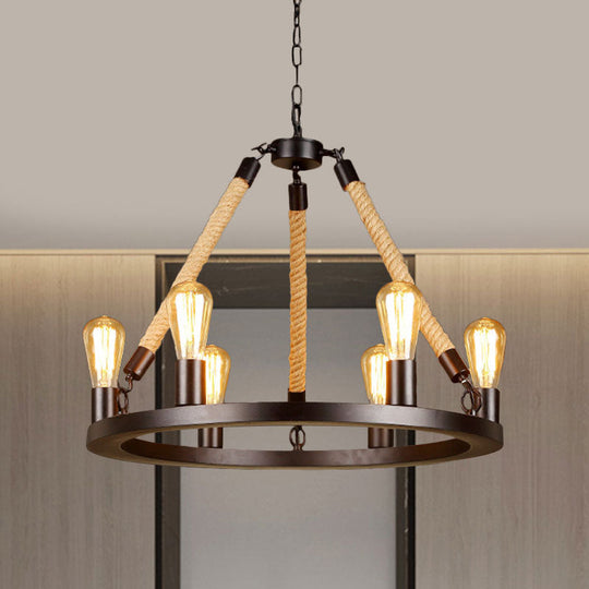 Vintage 6/8-Light Metallic Circular Hanging Lamp in Brown with Exposed Bulb & Rope Suspension for Dining Room