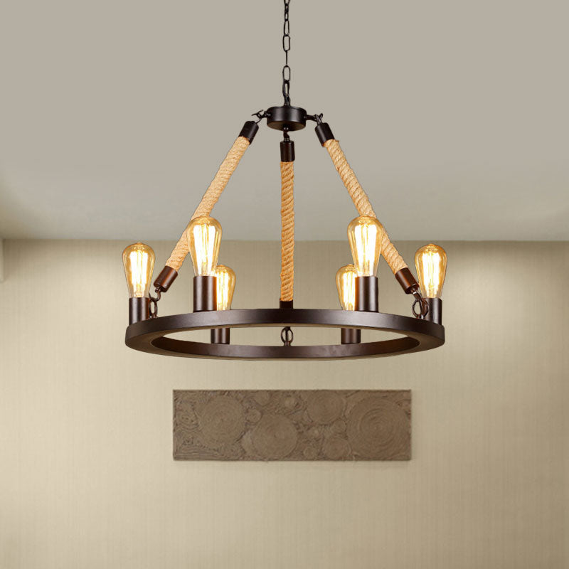 Vintage 6/8-Light Metallic Circular Hanging Lamp in Brown with Exposed Bulb & Rope Suspension for Dining Room