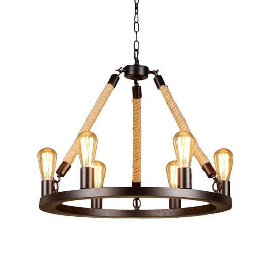 Vintage 6/8-Light Metallic Circular Hanging Lamp in Brown with Exposed Bulb & Rope Suspension for Dining Room