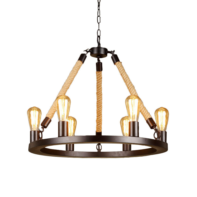 Vintage Circular Hanging Lamp: Metallic With Exposed Bulb Rope And 6/8 Lights For Dining Room