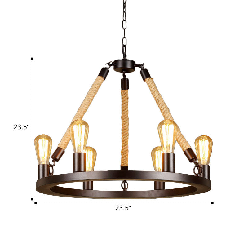 Vintage 6/8-Light Metallic Circular Hanging Lamp in Brown with Exposed Bulb & Rope Suspension for Dining Room