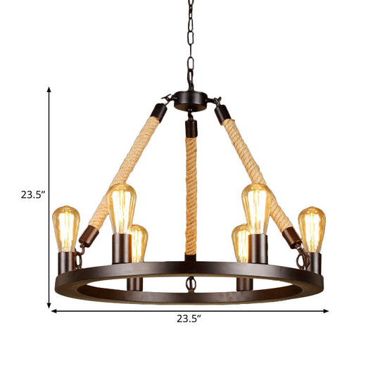 Vintage 6/8-Light Metallic Circular Hanging Lamp in Brown with Exposed Bulb & Rope Suspension for Dining Room