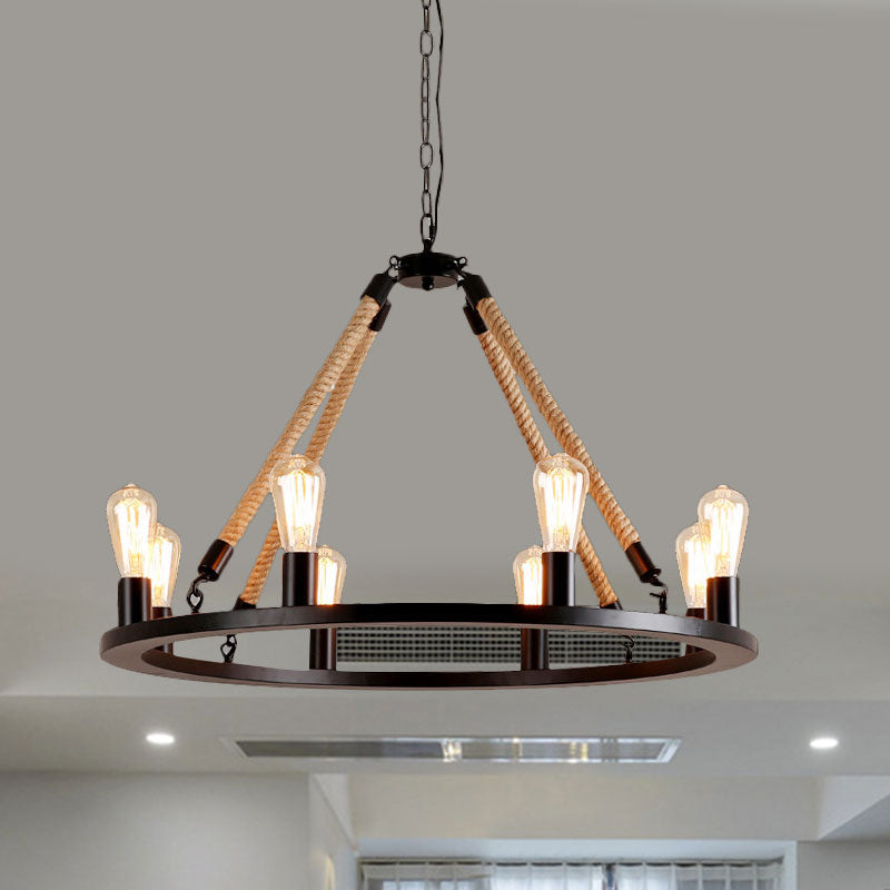 Vintage 6/8-Light Metallic Circular Hanging Lamp in Brown with Exposed Bulb & Rope Suspension for Dining Room