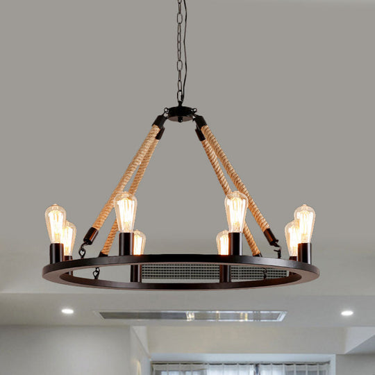 Vintage Circular Hanging Lamp: Metallic With Exposed Bulb Rope And 6/8 Lights For Dining Room