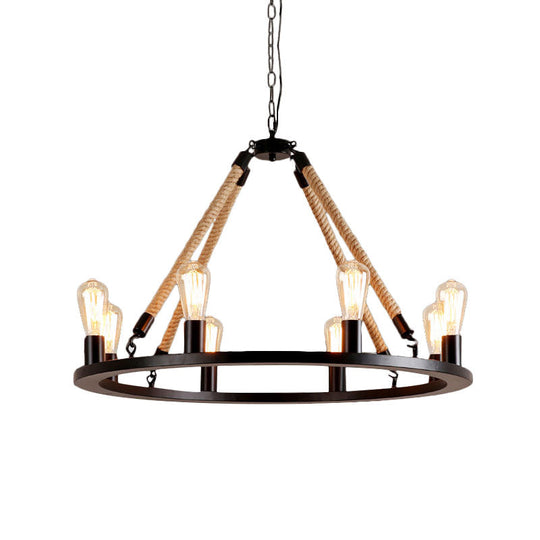 Vintage 6/8-Light Metallic Circular Hanging Lamp in Brown with Exposed Bulb & Rope Suspension for Dining Room