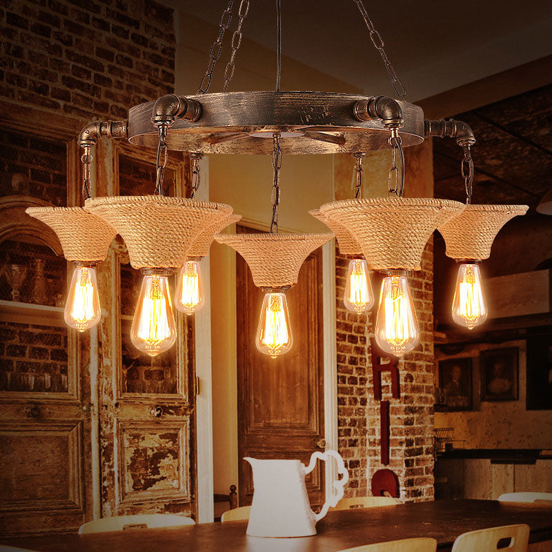 Retro Industrial Pendant Ceiling Fixture with Open Bulb, Rope, and Chain - Brown