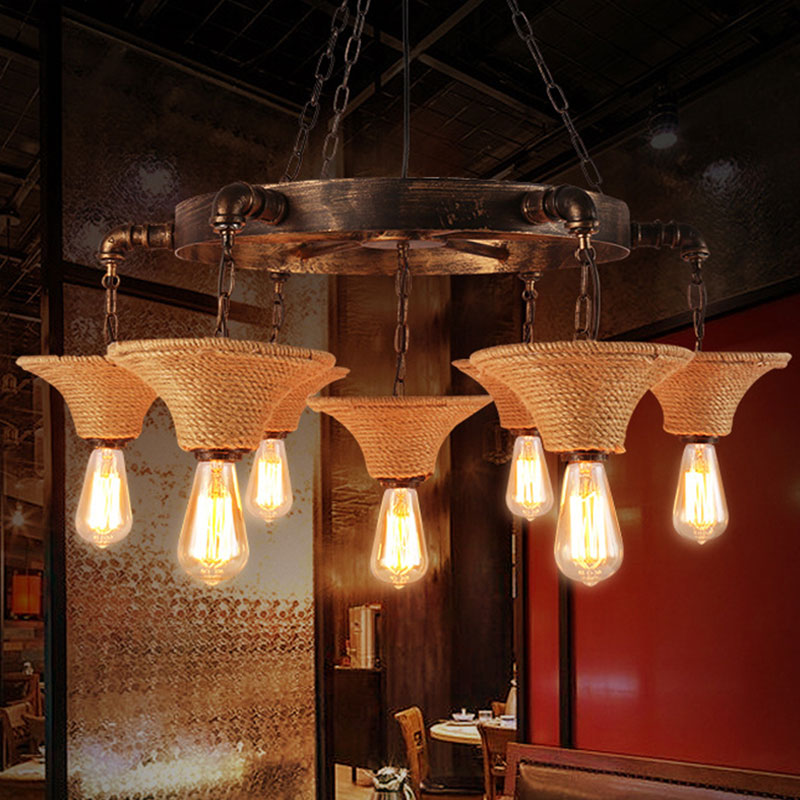 Retro Industrial Pendant Ceiling Fixture with Open Bulb, Rope, and Chain - Brown