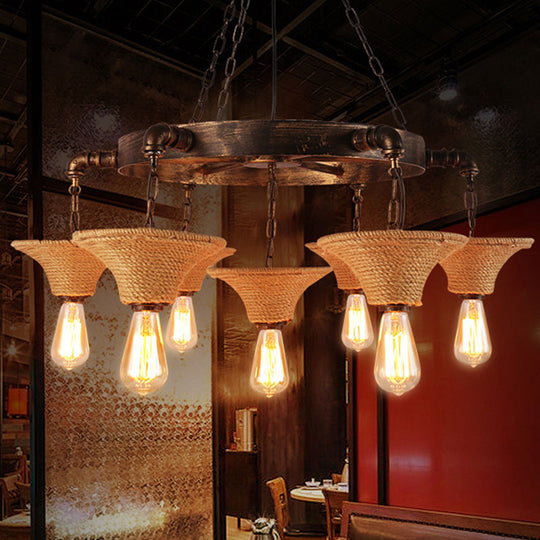 Industrial Retro Open Bulb Pendant With Rope And Chain - Brown Ceiling Fixture