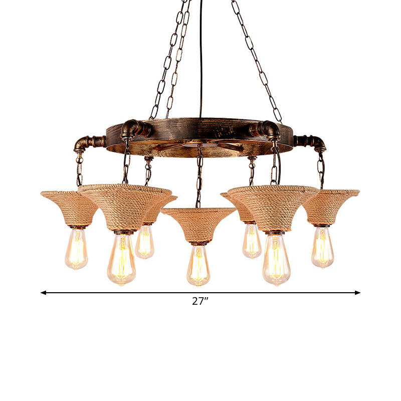 Retro Industrial Pendant Ceiling Fixture with Open Bulb, Rope, and Chain - Brown