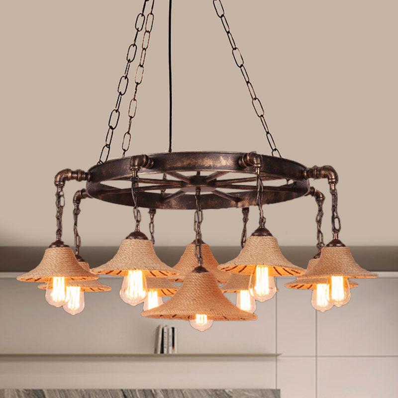 Retro Industrial Pendant Ceiling Fixture with Open Bulb, Rope, and Chain - Brown