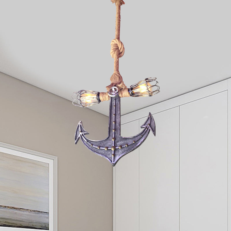 Nautical Anchor Hanging Pendant Light | Metal 2-Bulb Gray Bedroom Lighting