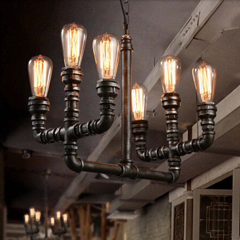 Vintage Industrial Rust Chandelier Pendant Light With 6 Open Bulbs And Pipe