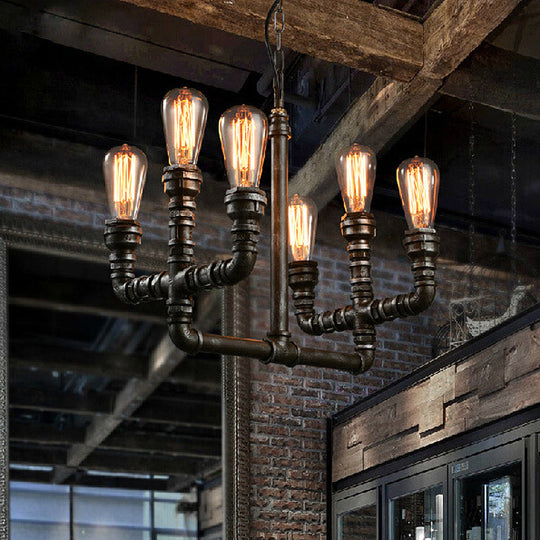 Vintage Industrial Metal Rust Chandelier Pendant Light - 6-Head Open Bulb Design with Hanging Pipe