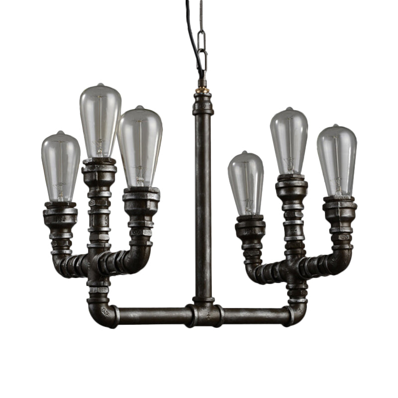 Vintage Industrial Metal Rust Chandelier Pendant Light - 6-Head Open Bulb Design with Hanging Pipe