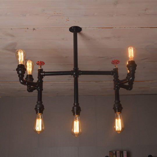 Antique Style Water Pipe Hanging Pendant Light with 7 Bulbs, Metallic Chandelier Lighting - Black with Red Valve