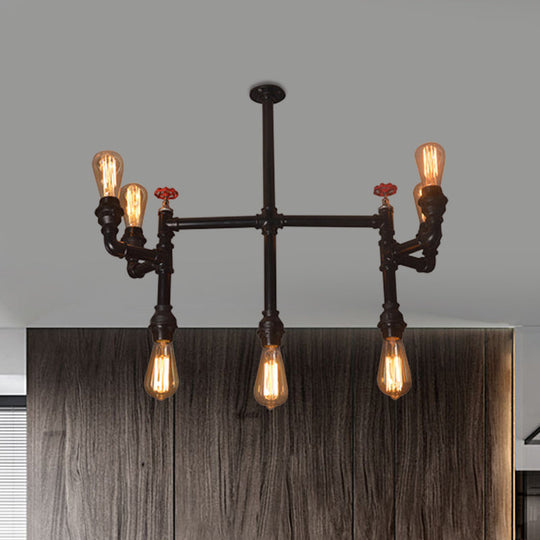 Antique Style Water Pipe Pendant Light With 7 Bulbs: Metallic Chandelier Featuring Red Valve Black