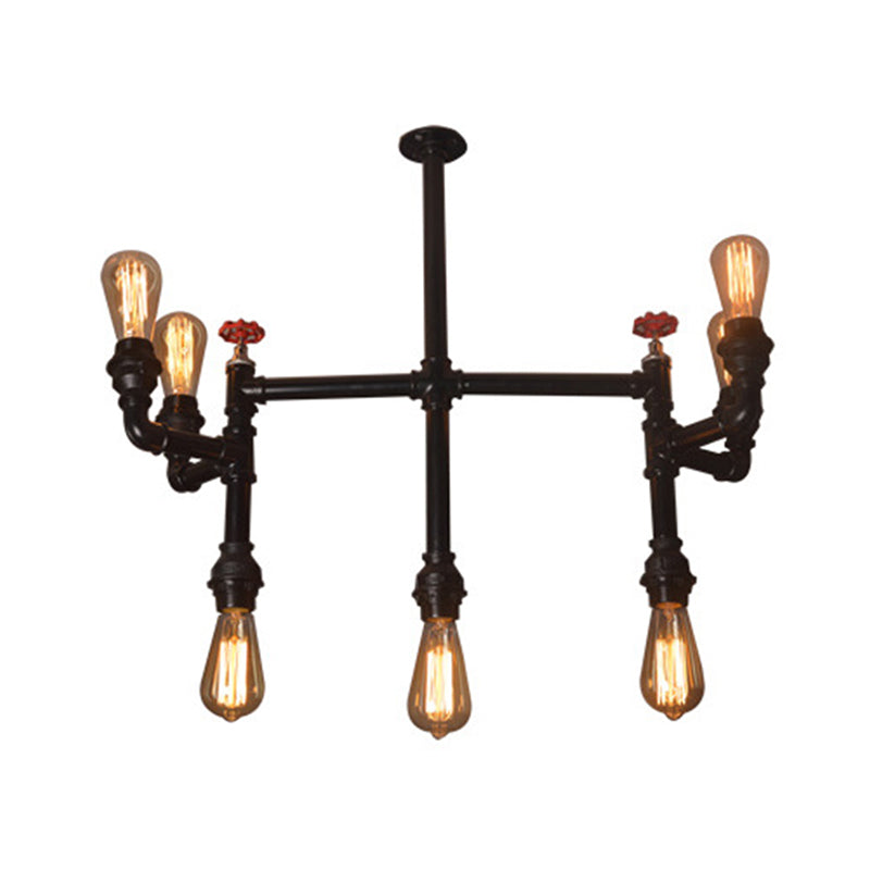 Antique Style Water Pipe Hanging Pendant Light with 7 Bulbs, Metallic Chandelier Lighting - Black with Red Valve