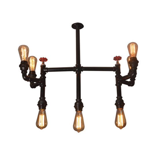 Antique Style Water Pipe Pendant Light With 7 Bulbs: Metallic Chandelier Featuring Red Valve Black