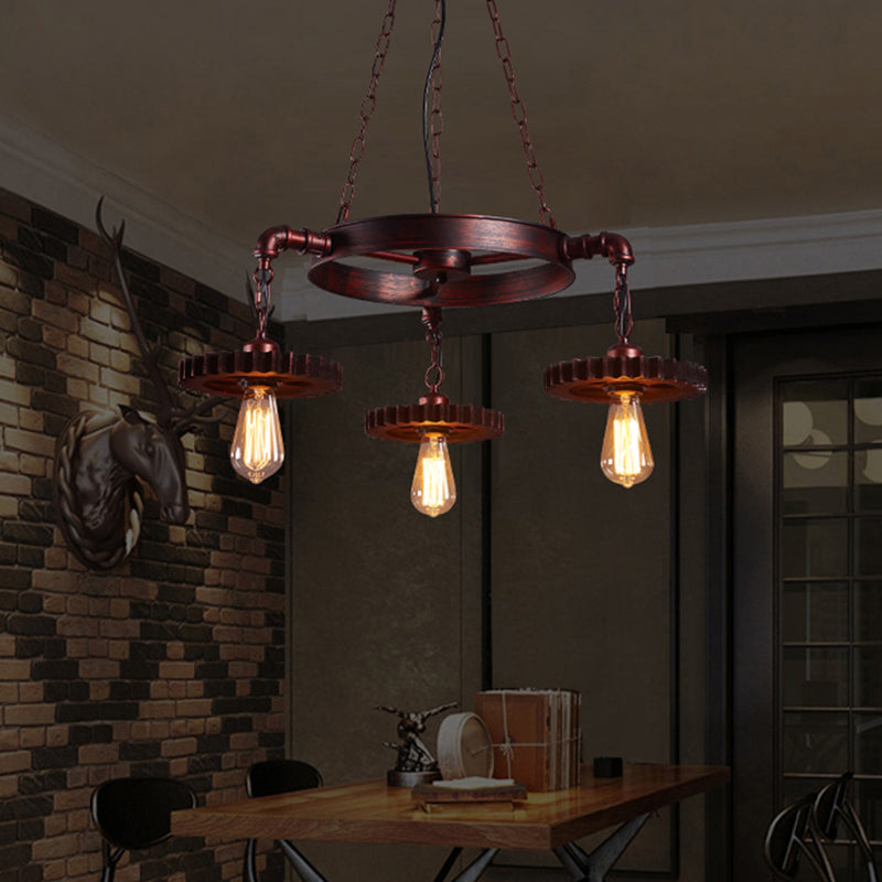 Farmhouse Style Rustic Chandelier Light with Exposed Bulbs - Gear Deco, 3/5/7 Heads - Ideal for Bars