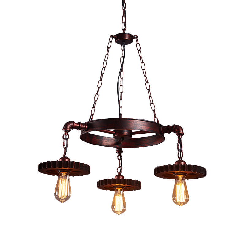 Farmhouse Style Rustic Chandelier Light with Exposed Bulbs - Gear Deco, 3/5/7 Heads - Ideal for Bars