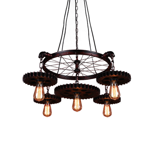 Farmhouse Style Rustic Chandelier Light with Exposed Bulbs - Gear Deco, 3/5/7 Heads - Ideal for Bars