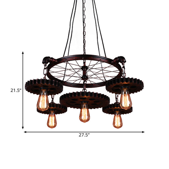 Farmhouse Style Rustic Chandelier Light with Exposed Bulbs - Gear Deco, 3/5/7 Heads - Ideal for Bars