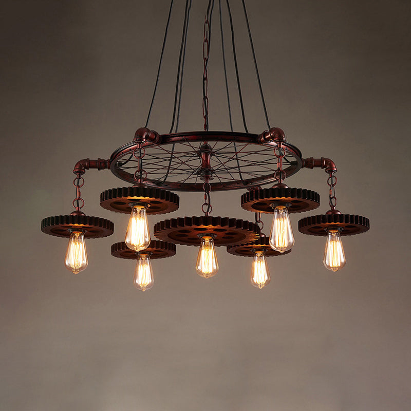 Farmhouse Style Rustic Chandelier Light with Exposed Bulbs - Gear Deco, 3/5/7 Heads - Ideal for Bars