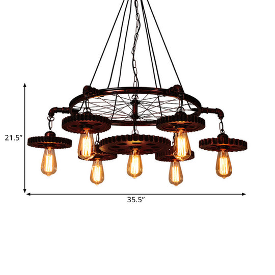 Farmhouse Style Rustic Chandelier Light with Exposed Bulbs - Gear Deco, 3/5/7 Heads - Ideal for Bars