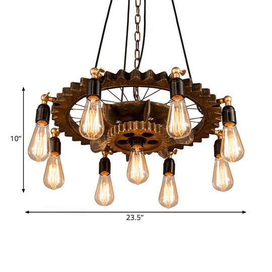 Antique Style Rust Metal Pendant Ceiling Light - 9 Lights Gear Design Fixture For Living Room