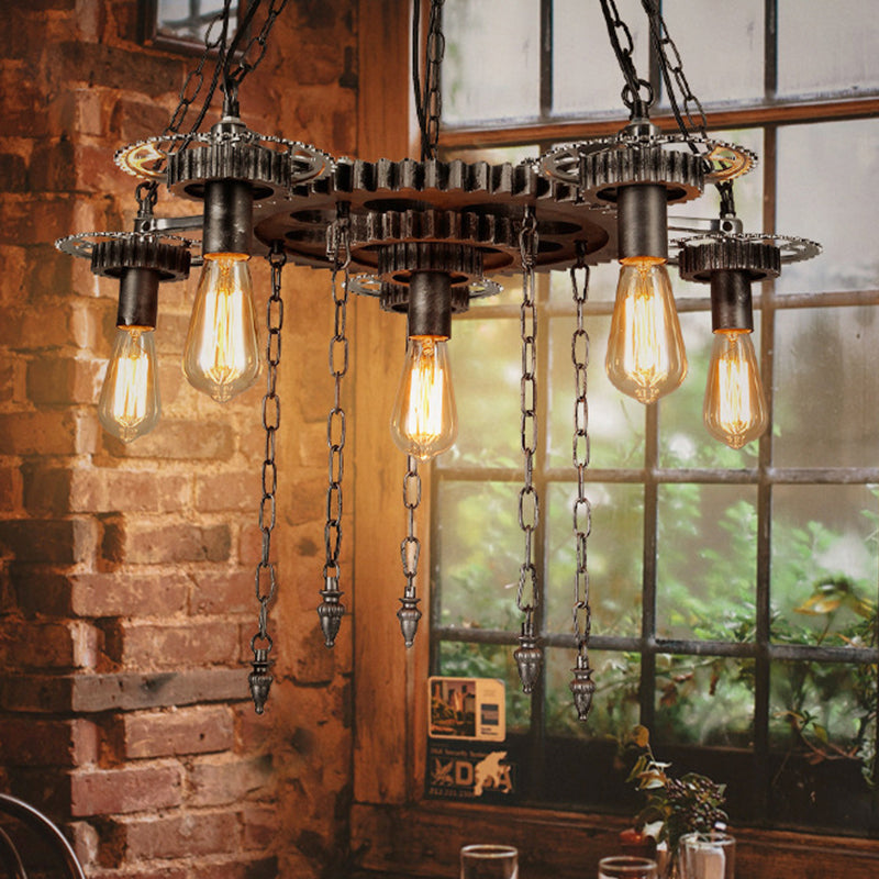 Aged Silver Gear Design Hanging Lamp - Vintage Industrial Metal 6 Heads Ideal For Restaurants