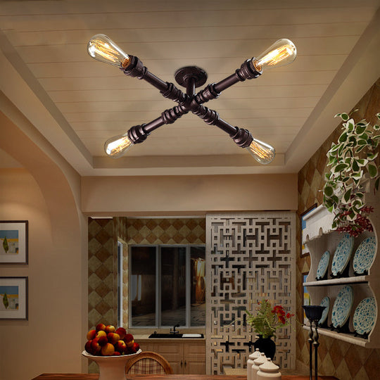 Industrial Style Oil Rubbed Bronze Semi Flush Ceiling Light with 4 Bare Bulbs