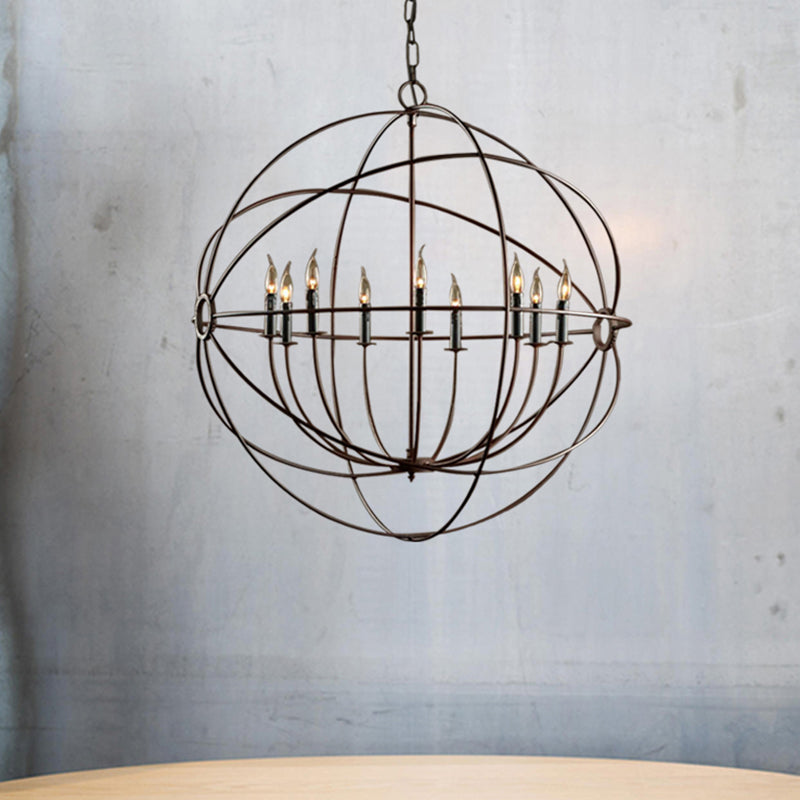 Rustic Iron Chandelier: Antique Style Pendant Light with Spherical Cage Shade and Multi-Light Ceiling Fixture