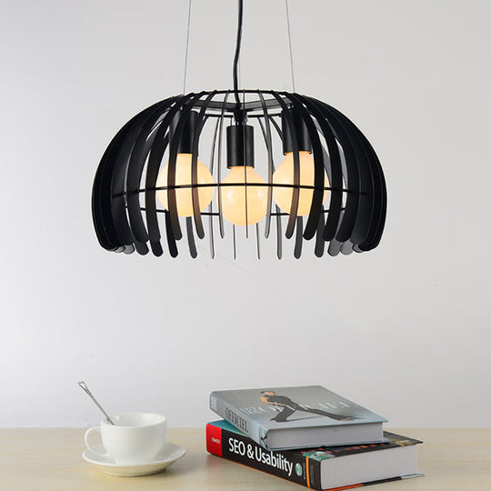 Retro Style Dome Hanging Light with Wire Guard - 3 Bulbs, Black Metal Suspension for Dining Room